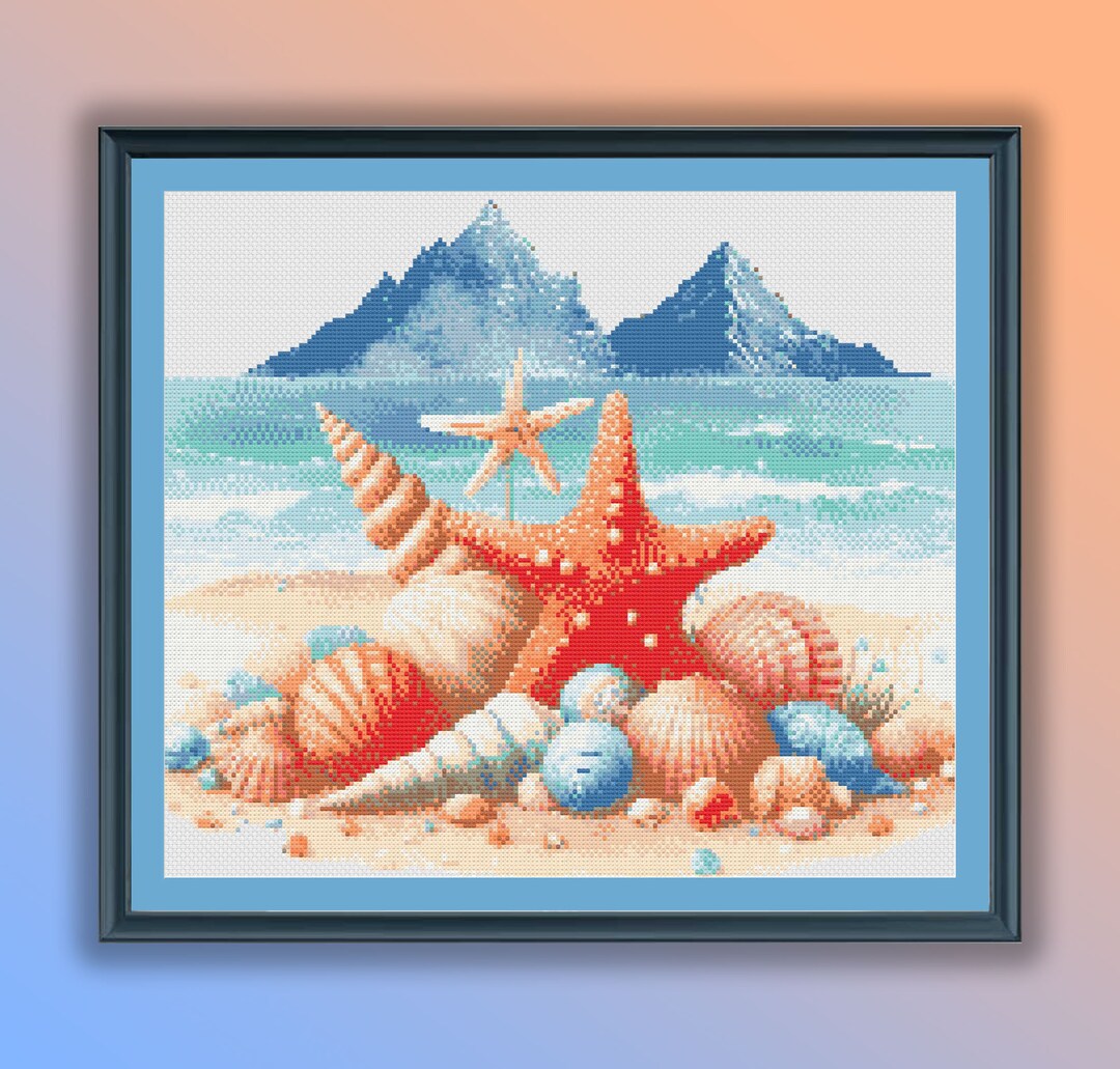 Beachside Watercolor Sea Stars & Shells Counted Cross Stitch Pattern ...