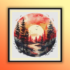 Aquarell Herbst Wald und Fluss PDF Muster, Herbst Sonnenuntergang Landschaft, Handstickerei, moderne Kreuzstichvorlage