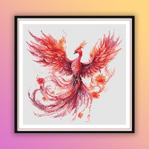 Vibrant Phoenix Watercolor Cross Stitch Pattern: Mystical Bird Rising from Ashes, Instant PDF Download
