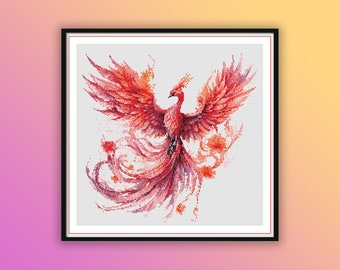 Watercolor Fire Phoenix Counted Cross Stitch PDF Pattern, Rise From The Ashes, Hand Embroidery, Modern Cross Stitch Chart