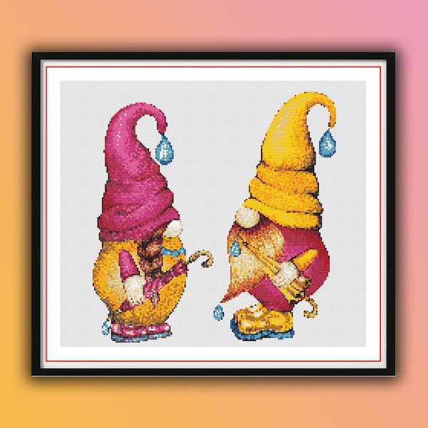 Watercolor Autumn Gnomes Counted Cross Stitch PDF Pattern, Rainy Day Gnomes, Happy Fall, Hand Embroidery, Needlepoint Chart, Cute Gnomes