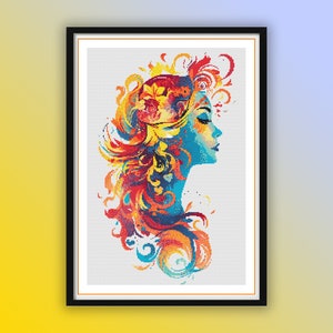 Op de afbeelding: Abstracte schilderij van een vrouwen gezicht met kleurrijke swirls en bloemmotieven. Het gezicht van de vrouw is in profiel en haar haar waait in de wind. De kleuren zijn levendig en gedurfd, en het algehele effect is een van energie en beweging.
