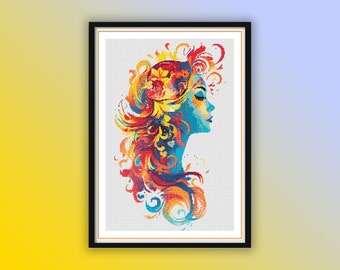 Vibrant Watercolor Floral Hair Girl Cross Stitch Pattern - Modern Embroidery Chart PDF Download