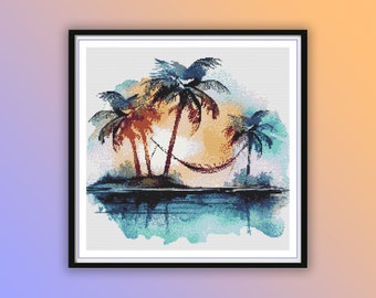 May include: A watercolour painting of three palm trees on a small island with a hammock hanging between two of the trees. The water is a light blue and the sky is a light orange.