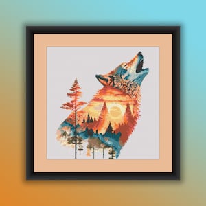 Kreuzstich PDF Muster, Aquarell Wolf bei Sonnenuntergang, Wald Berge Landschaft, Wilde Tiere, moderne Kreuzstichvorlage
