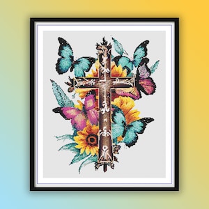 Floral Cross Stitch Pattern: Christian Butterflies, Religious Embroidery (PDF Pattern)