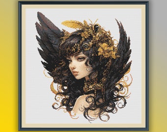 Watercolor Black and Gold Steampunk Fairy Girl Counted Cross Stitch PDF Pattern, Modern Cross Stitch Chart, Hand Embroidery