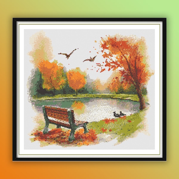 Watercolor Autumn National Park Counted Cross Stitch PDF Pattern, Autumn Lake and Forest, Rainy Autumn City View, Fall Trees Hand Embroidery