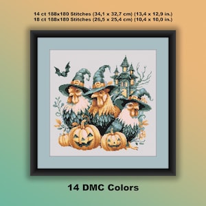 Counted Cross Stitch PDF Pattern, Watercolor Halloween Witch Chickens, Spooky Halloween Animals, Hand Embroidery, Modern Cross Stitch Chart