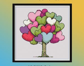 Valentines Day Heart Tree Cross Stitch Pattern: Four Seasons Landscape Embroidery (PDF Download)