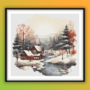 Aquarell verschneite Winterlandschaft Kreuzstich PDF Muster, Weihnachtshaus, Winterwald, Fluss und Wald, neblige Berge