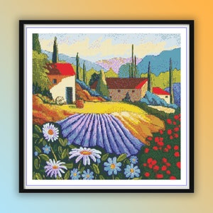 Aquarell Frühling Natur Landschaft Kreuzstich PDF Muster, Frühling Berge, Grünes Highland Dorfleben, Handstickerei