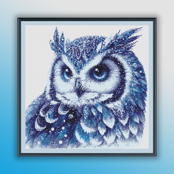 Watercolor Blue Winter Owl Counted Cross Stitch PDF Pattern - Modern Wild Bird Embroidery Chart