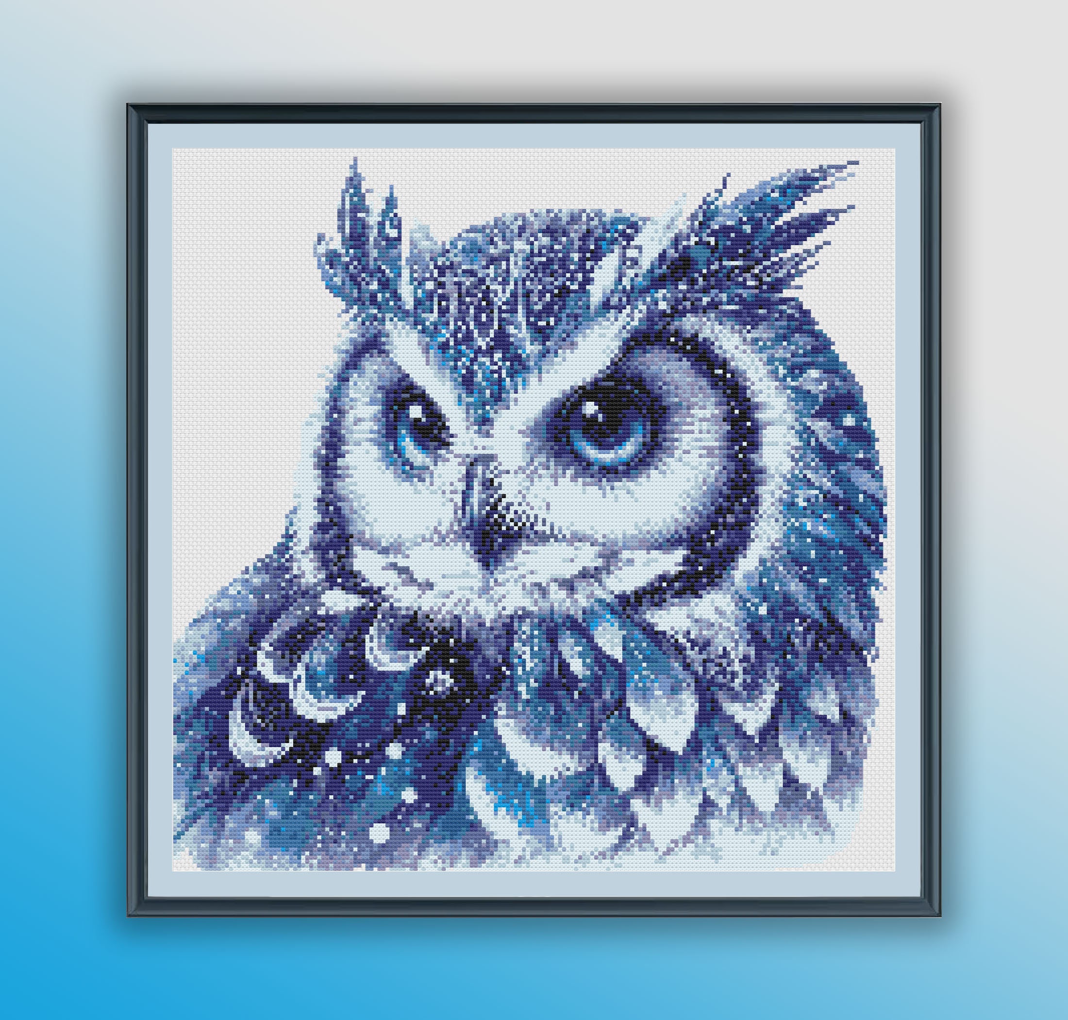 Watercolor Blue Winter Owl Counted Cross Stitch PDF Pattern, Wild Birds, Modern Cross Stitch Chart, 