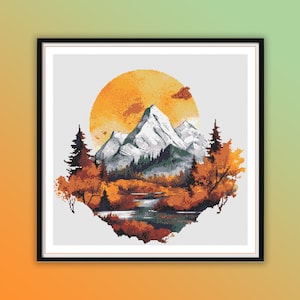 Watercolor Autumn Forest and Mountains Counted Cross Stitch PDF Pattern, Fall Sunset Landscape, Hand Embroidery