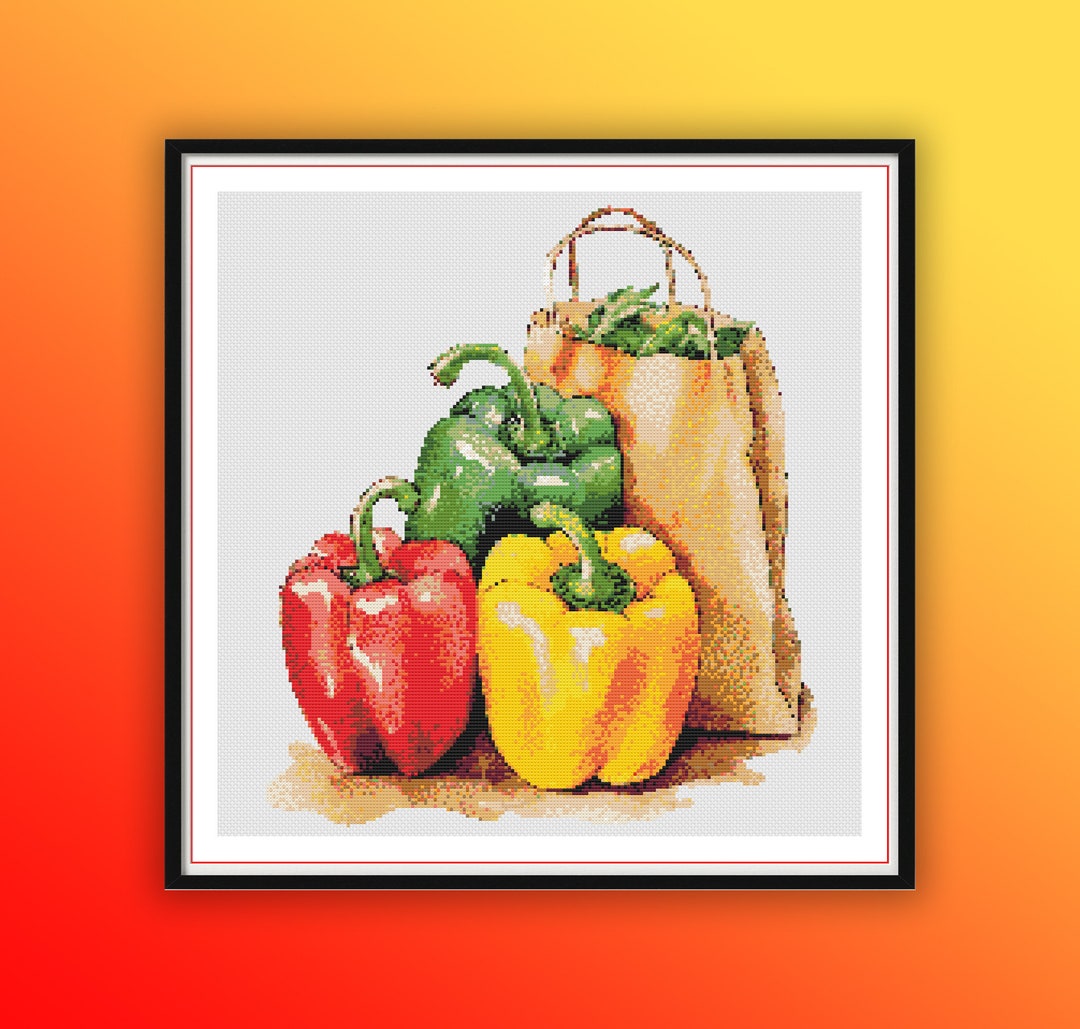 鮮やかな水彩画のペッパーのクロスステッチパターン：モダンな野菜の