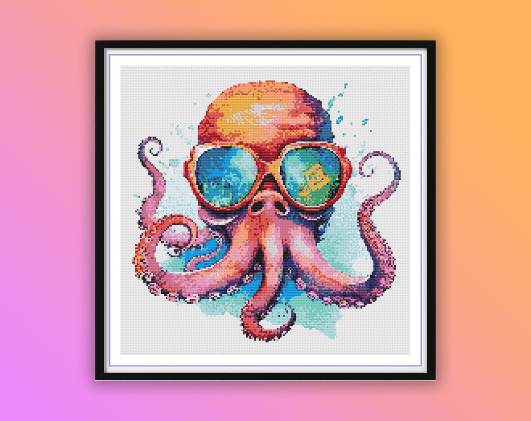 Vibrant Watercolor Octopus Wearing Glasses Cross Stitch Pattern - Ocean ...