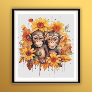 Patrón de punto de cruz de mono de acuarela caprichoso: PDF floral para bordado a mano moderno