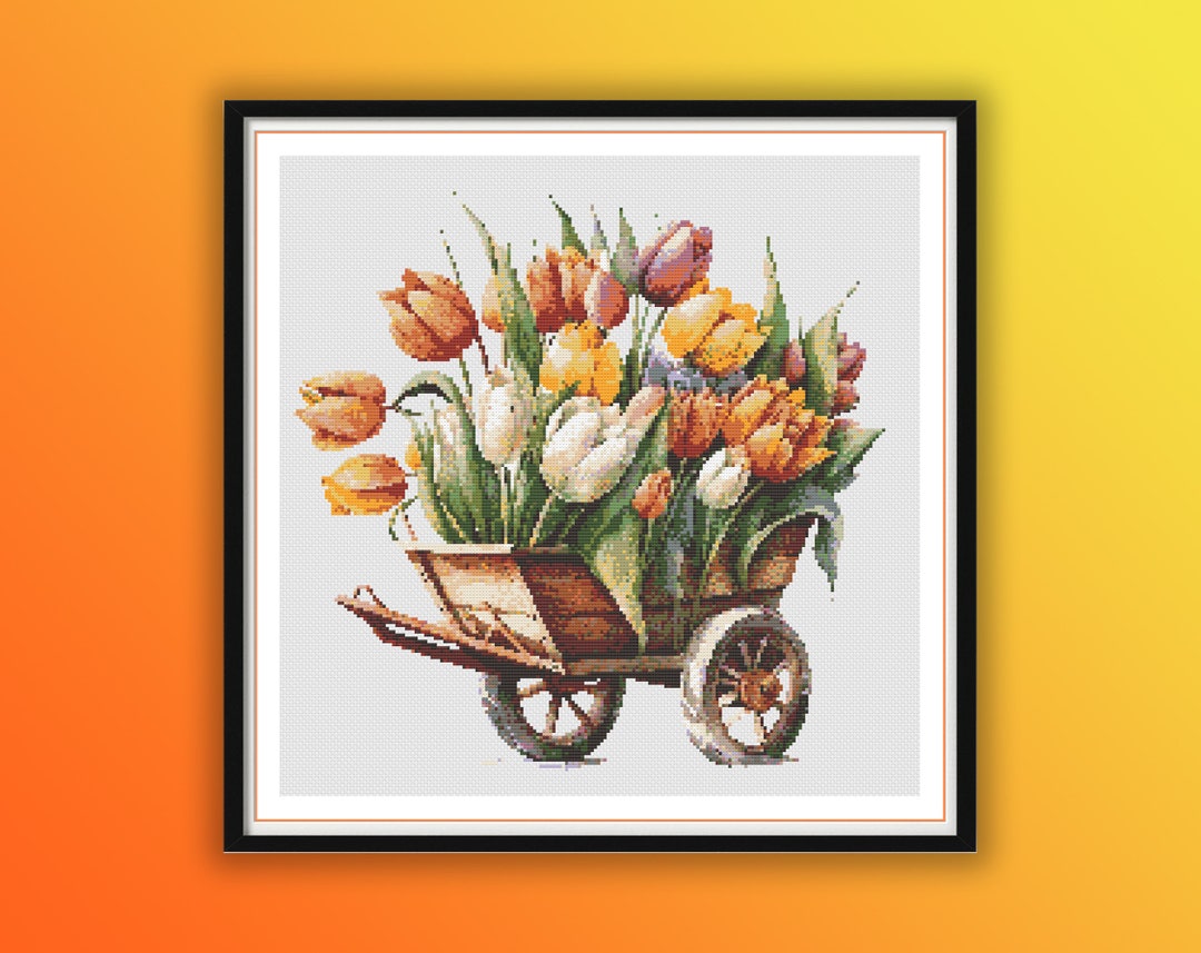 Watercolor Tulips in Wheelbarrow Counted Cross Stitch PDF Pattern ...