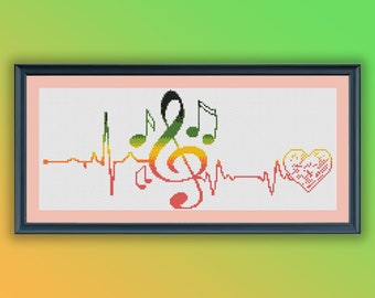 Watercolor Musical Notes Heartbeat Counted Cross Stitch PDF Pattern, Modern Cross Stitch Chart, Hand Embroidery