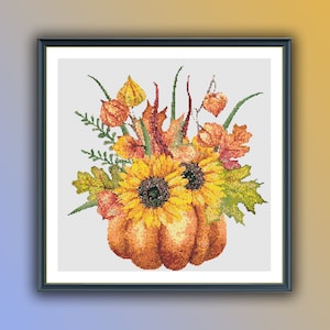 Fall Pumpkins and Sunflowers Counted Cross Stitch PDF Pattern, Halloween Pumpkins, Autumn Landscape, Fall Leaves, Hand Embroidery