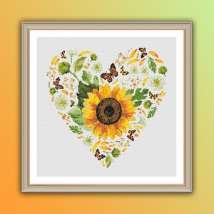 Corazón de girasol vibrante: Patrón de punto de cruz en PDF - Diseño floral primaveral colorido