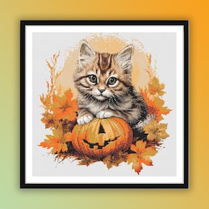 Watercolor Autumn Cat and Pumpkin Counted Cross Stitch PDF Pattern, Halloween Cat, Fall Tree Leaves, Halloween Pumpkins, Hand Embroidery