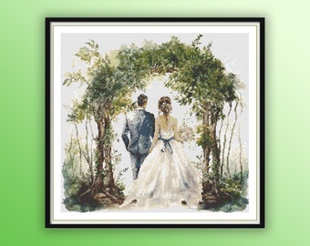 Watercolor Bride and Groom at The Forest Love Gateway Counted Cross Stitch PDF Pattern, Forest Wedding Cross Stitch, Hand Embroidery
