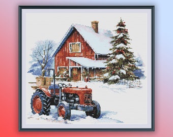 Rustic Winter Farm Landscape Watercolor Cross Stitch Pattern - Christmas Snowscape PDF Chart