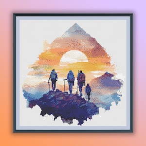 Aquarell Wandern Menschen Kreuzstich PDF Muster, Berge Sonnenuntergang Landschaft, Handstickerei, moderne Kreuzstichvorlage