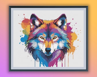 Patrón moderno de punto de cruz de lobo en acuarela: diseño de bosque en formato PDF para artesanos y amantes de la naturaleza.