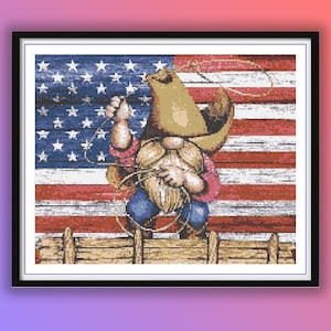 Patriotic Cowboy Gnome Cross Stitch Pattern - 4th of July USA Independence Day Embroidery PDF