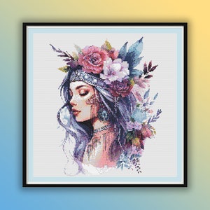 Patrón de punto de cruz contado en PDF de niña bohemia con flores en acuarela, bordado a mano con arte popular moderno, gráfico de punto de cruz moderno