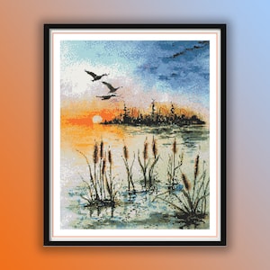 Watercolor Autumn Sunset Lake Landscape Cross Stitch Pattern - Forest Embroidery PDF Chart