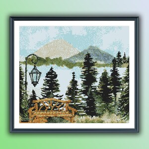 Aquarell Wald, See, Berge Kreuzstich PDF Muster, Regenwald Landschaft, Berge, Handstickerei, Nadelspitze