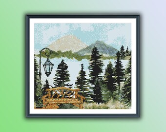 Scenic Watercolor Landscape Cross Stitch Pattern: Forest, Lake, Mountains PDF Chart for Needlepoint