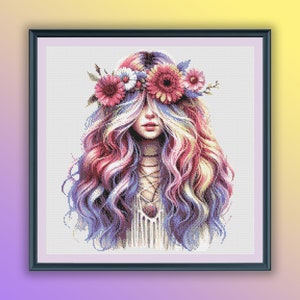 Pode incluir: Uma pintura digital de uma mulher com cabelo longo e colorido usando uma coroa de flores. As flores são rosa, vermelhas e brancas. Os olhos da mulher estão fechados e ela tem uma expressão serena.