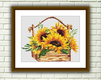 Patrón de punto de cruz de ramo de girasoles en acuarela - Descarga digital instantánea en PDF con gráficos DMC.