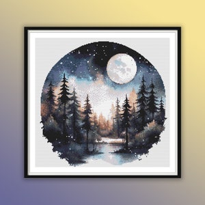 Enchanting Watercolor Forest Night Cross Stitch Pattern: Moonlit Lake Landscape PDF for Hand Embroidery