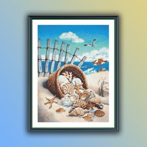 Nautical Seascape Cross Stitch Pattern: Watercolor Shells & Marine Treasures PDF Chart