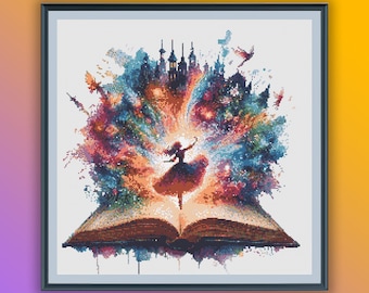 Watercolor Living Books Counted Cross Stitch PDF Pattern, Fairy Tale World , Fairy Books Landscape, Hand Embroidery