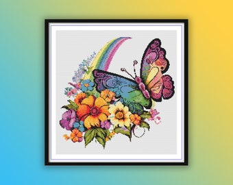 Vibrant Watercolor Butterfly & Rainbow Flower Cross Stitch Pattern - Modern PDF Download