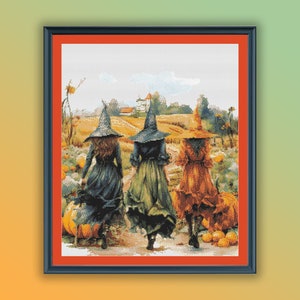 Aquarel Halloween heksen bij pompoenpad getelde kruissteek pdf-patroon, moderne kruissteekkaart, handborduurwerk