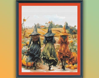 Whimsical Halloween Witch Pumpkin Pathway Cross Stitch Pattern - Watercolor Counted Chart PDF