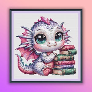 Aquarell Baby Drache Lieben Buch Kreuzstich PDF Muster, Bücherwurm Drache, Handstickerei, moderne Kreuzstichvorlage