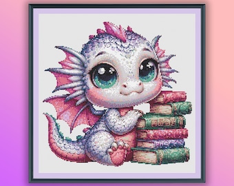 Watercolor Baby Dragon Loves Book Counted Cross Stitch PDF Pattern, Bookworm Dragon, Hand Embroidery, Modern Cross Stitch Chart
