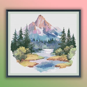 Aquarell Fluss und Berge Landschaft Kreuzstich PDF Muster, Kiefernwald Waldland, modernes Kreuzstichmuster, Handstickerei