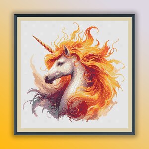 Watercolor Fire Unicorn Counted Cross Stitch PDF Pattern, Modern Cross Stitch Chart, Hand Embroidery