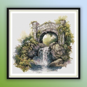May include: A stone bridge with a waterfall flowing underneath. The bridge is covered in greenery and vines. The waterfall is surrounded by rocks and greenery.