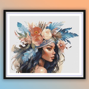 Boho Girl Cross Stitch Pattern: Watercolor Tribal Feathers (PDF Pattern)